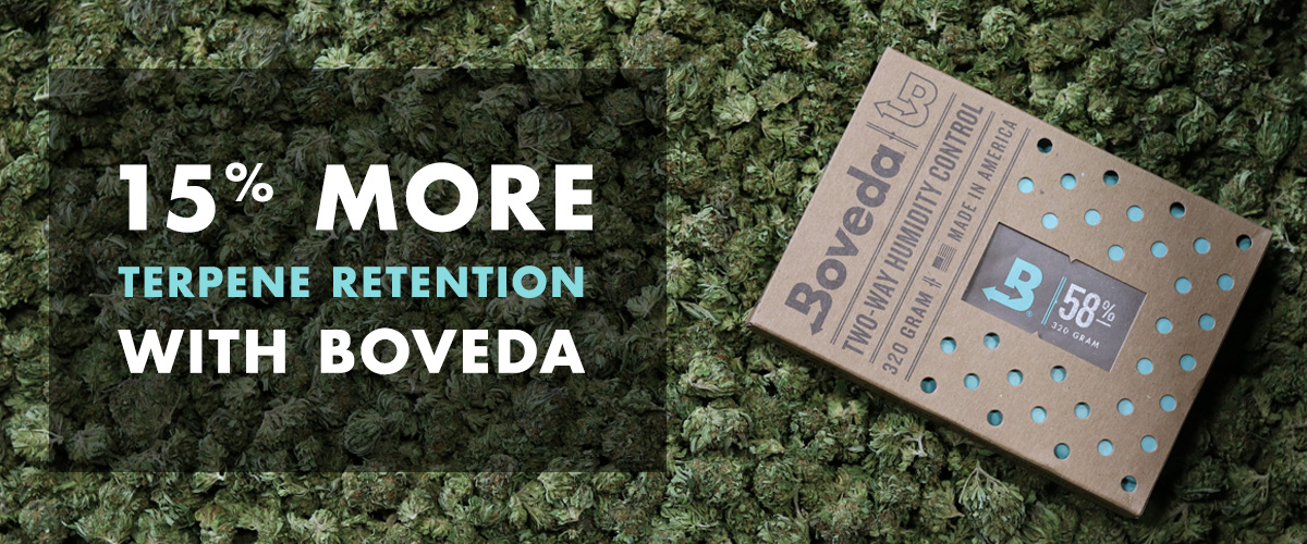 #savetheterps Photo showing post-cure cannabis stored with Boveda Size 320 for up to 5 pounds of flower. Enjoy 15% more terpenes when you store cannabis with Boveda, the original terpene shield.