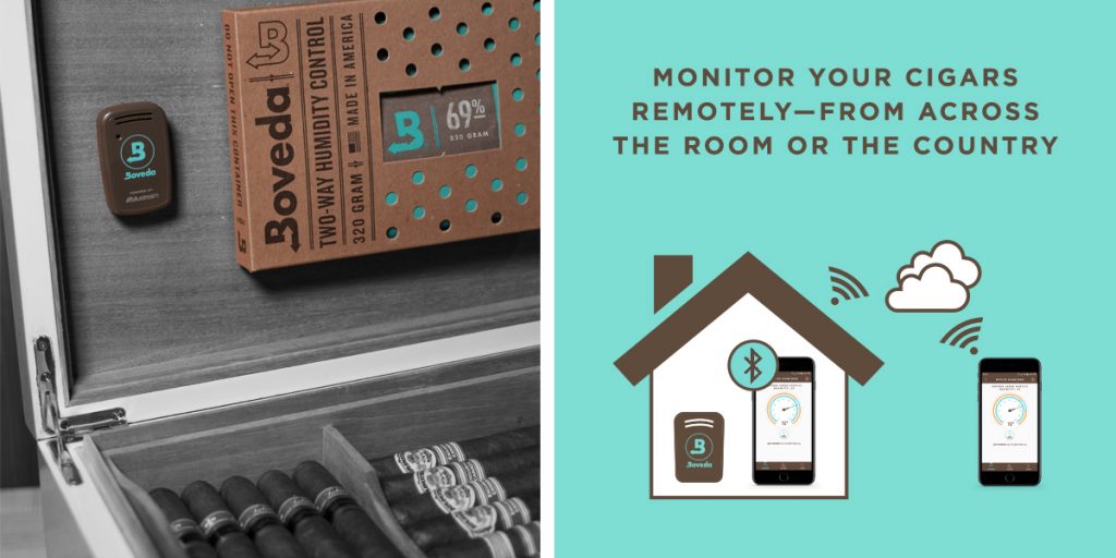 Remotely monitor your cigars with the Boveda Butler, a digital hygrometer for humidor monitoring.