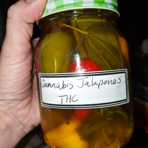 Illustration of a jar of pickled THC Jalapeno Peppers from the kitchen of home grow cultivator/Boveda blogger, Dianna Donnelly.