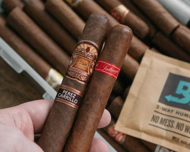 holding two cigars boveda in background