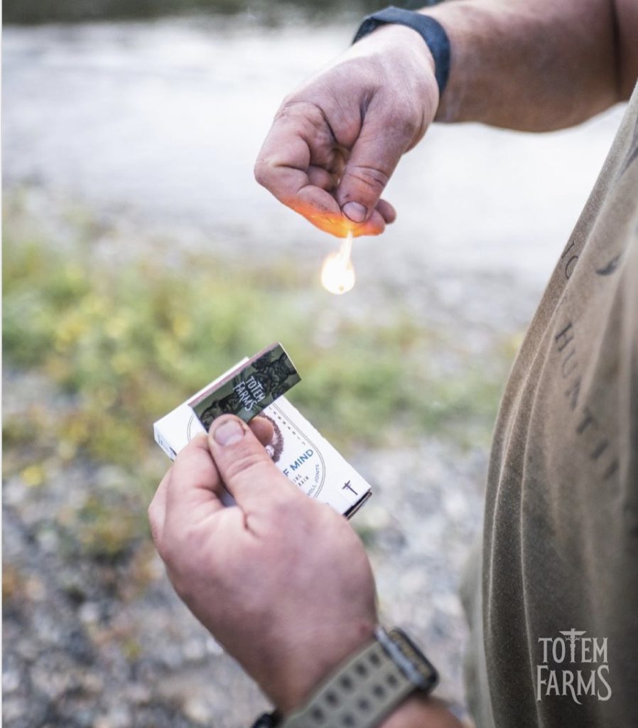 Totem Farms pre-roll packaging features the Boveda terpene shield and a built-in match box
